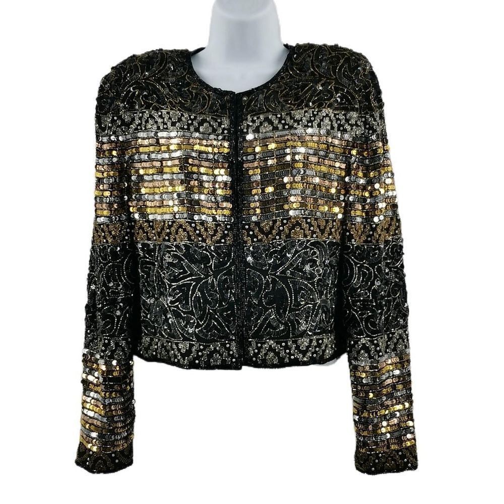 Vintage Gold, Black & Silver Beaded Jacket | Cropped Sequin Trophy Jacket
